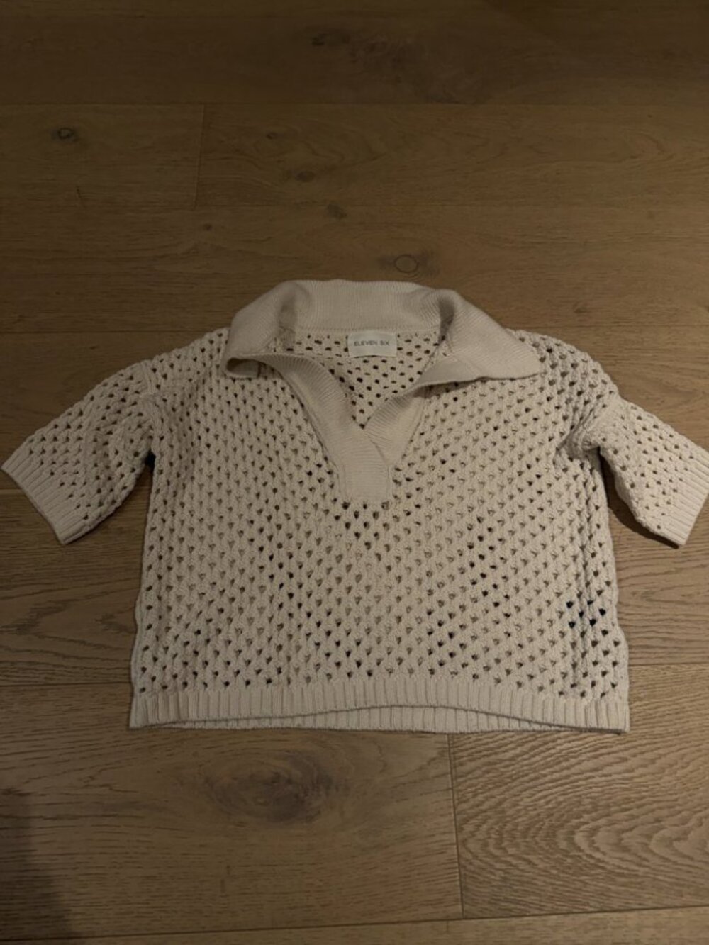 Eleven Six Cream Open Knit Collared Sweater Short Sleeve Peruvian Cotton Crochet